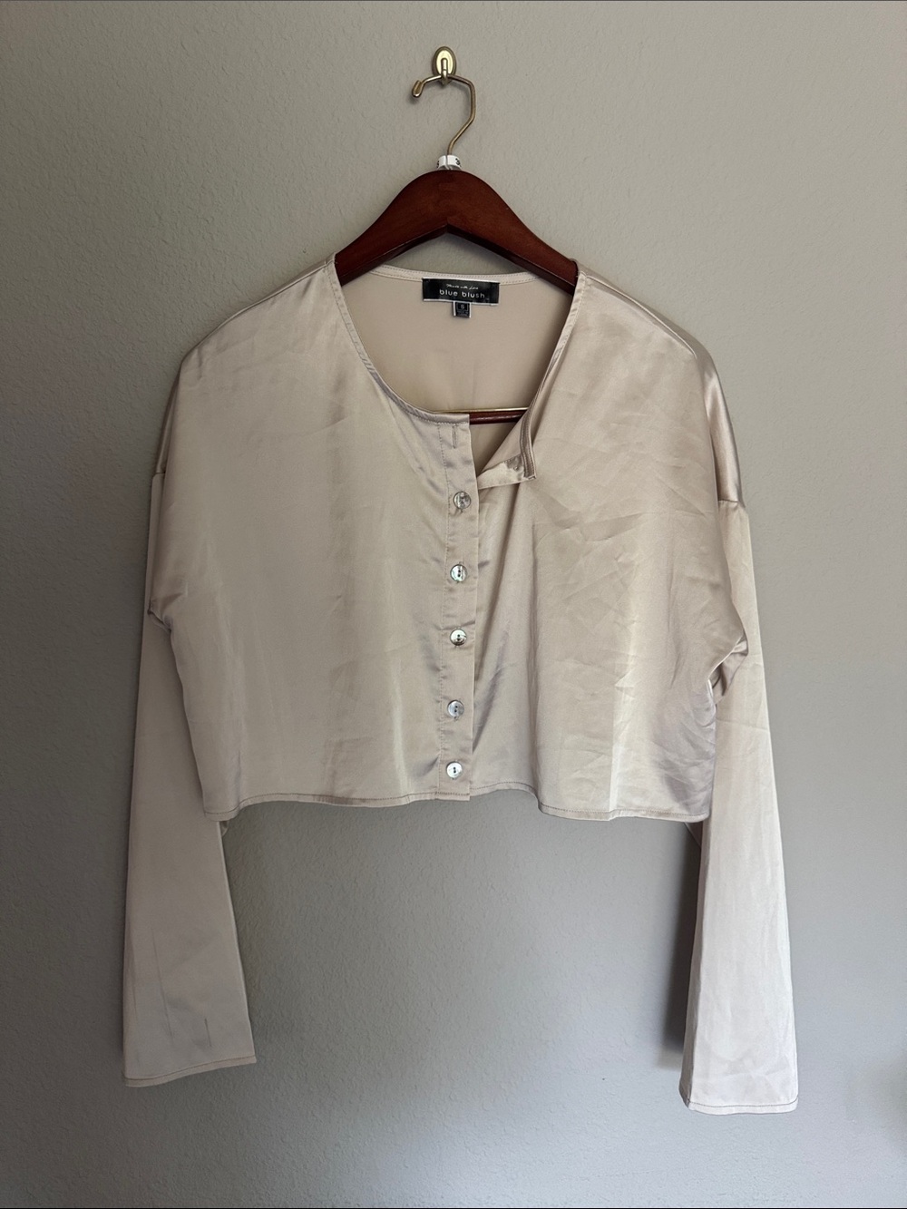 Cropped Satin Button-Front Top in Cream